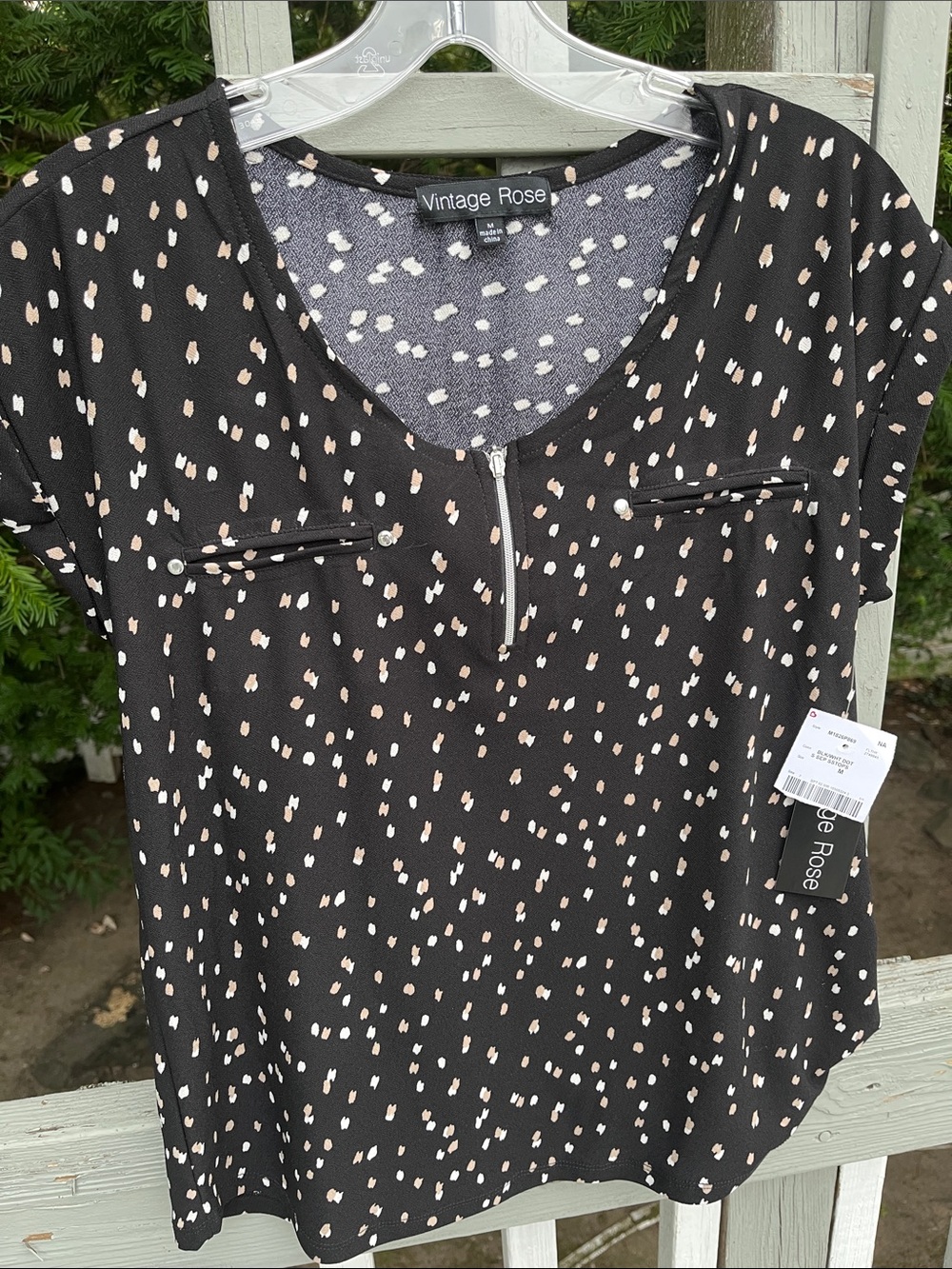 NWT Vintage Rose Black/Cream Printed  Short Sleeve Blouse